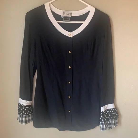 Versace Vintage Black with Polka Dot and Plaid accents Blouse - Picture 3 of 8
